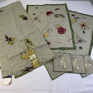 Tan Painted Barware Wine Martini Table Linen Set of 7 Runner, Coasters, Mats Art